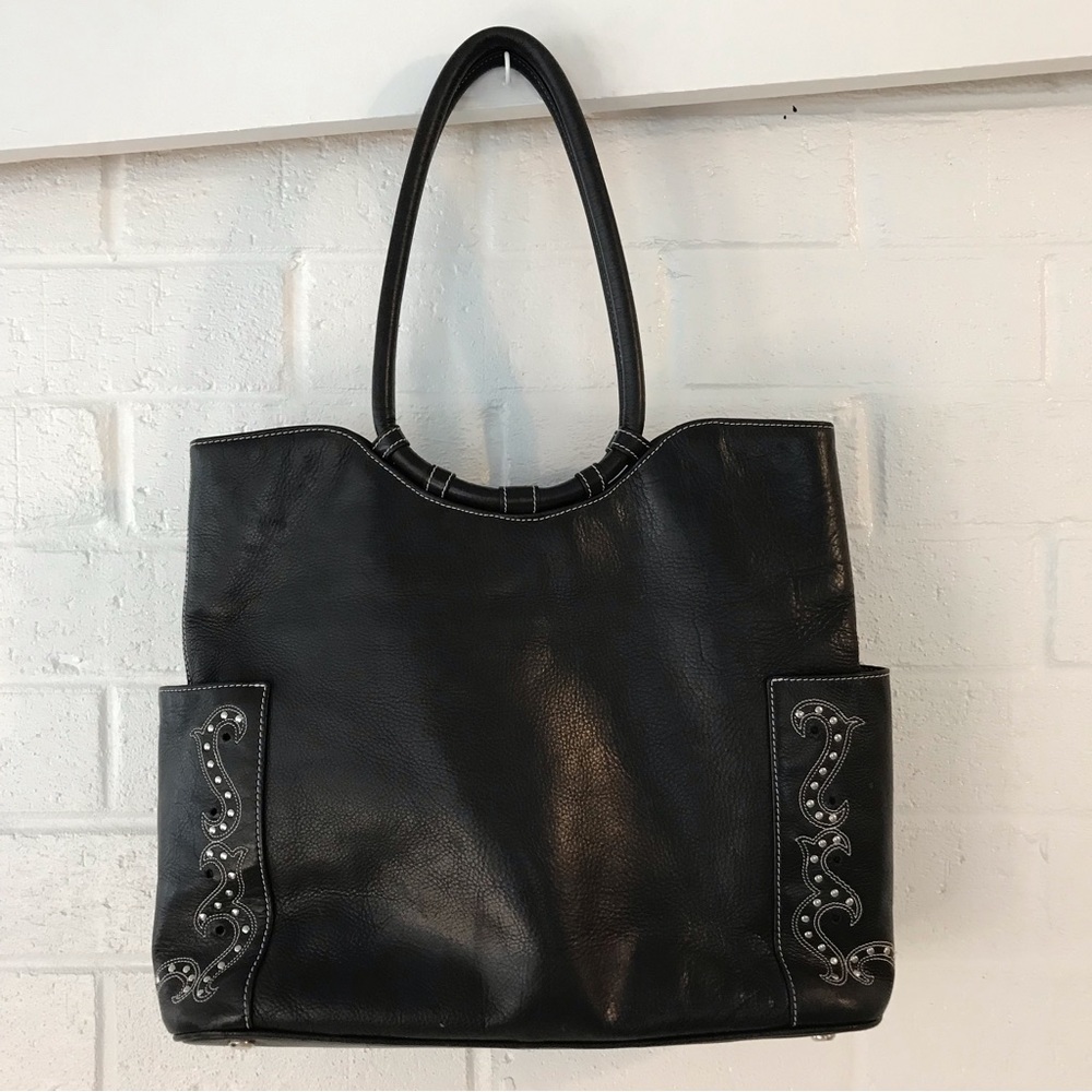 Donald J Pliner Black Leather Silver Embellished Bag Purse Shoulder Handbag